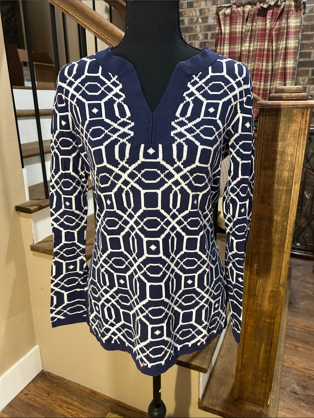 Lands' End XS Navy and White Geometric Sweater split neck cotton sweater